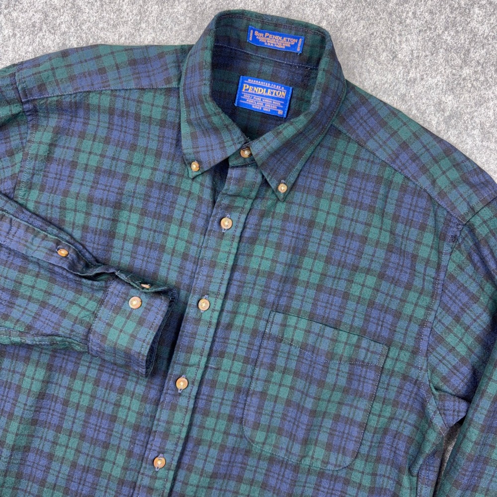 VTG Sir Pendleton Shirt Men Medium Black Watch Tartan Plaid 100% Wool Flannel